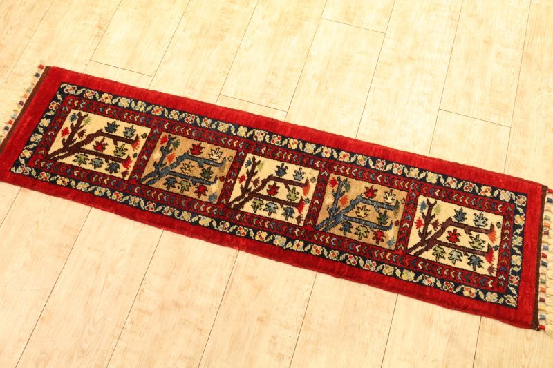 手織り 絨毯 ハンドメイド ラグ 細長いランナータイプ 赤 キリム柄